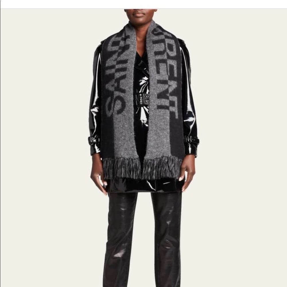 SOLD SAINT LAURENT Split Logo Fringe Wool Scarf NEW W TAGS